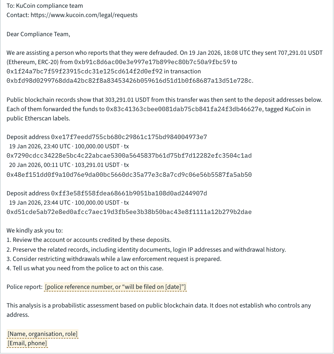 Start of the ready-to-send letter to KuCoin compliance, with the sending address, the receiving address and the transaction hash in full.